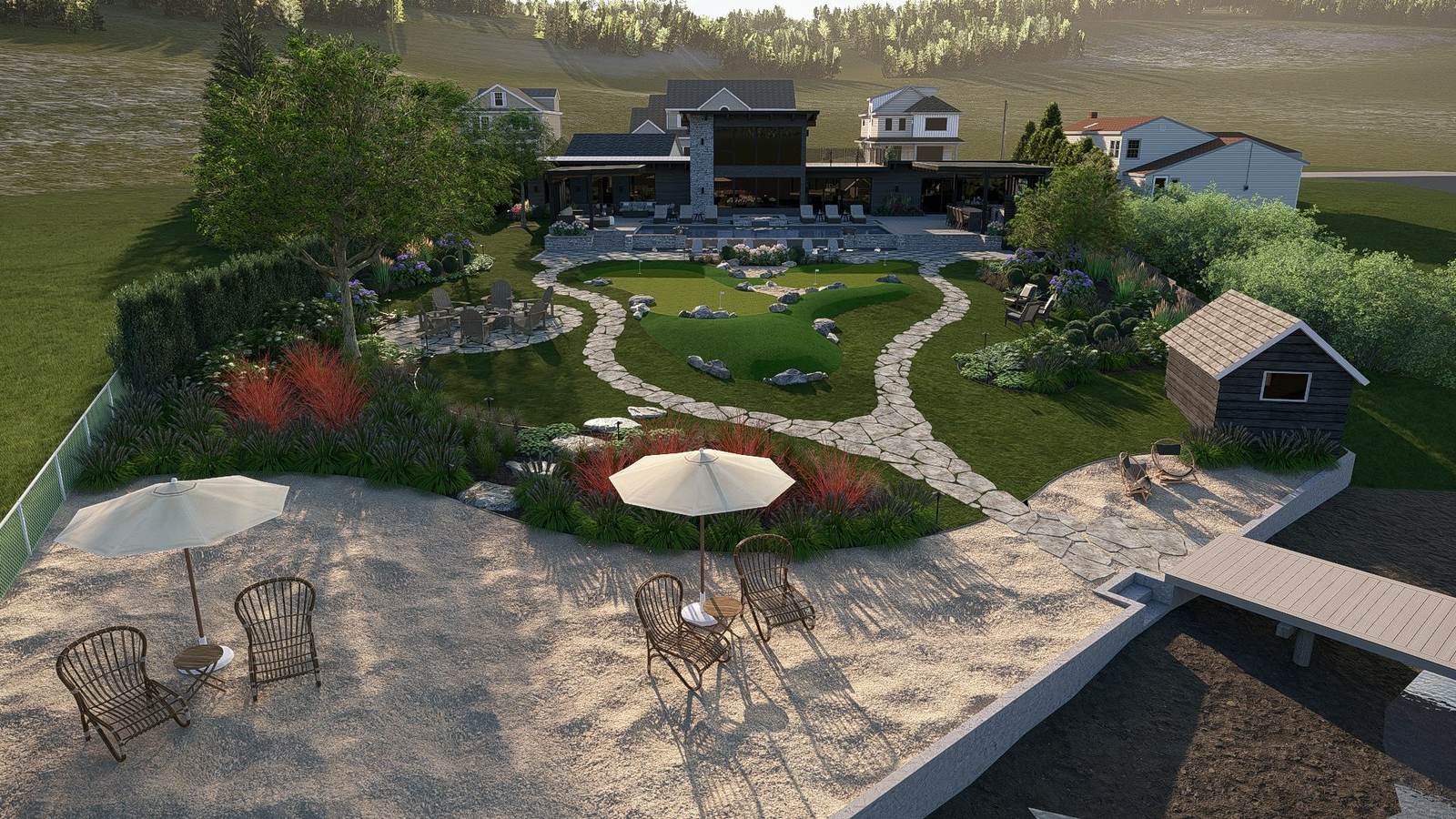3D design perspective of a lakefront property with pool, putting green and dock