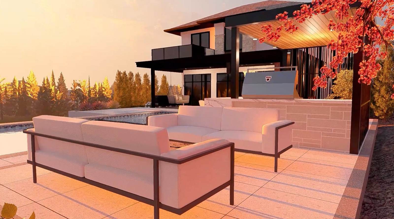 Design render of an outdoor kitchen, seating and pool terrace at golden hour