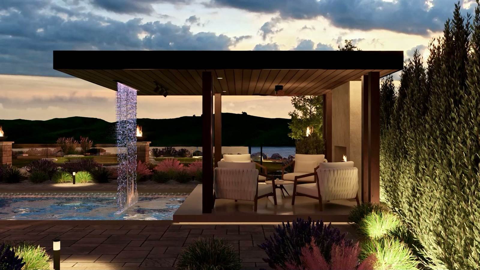 Design render of a pergola seating area beside a lit water feature at dusk