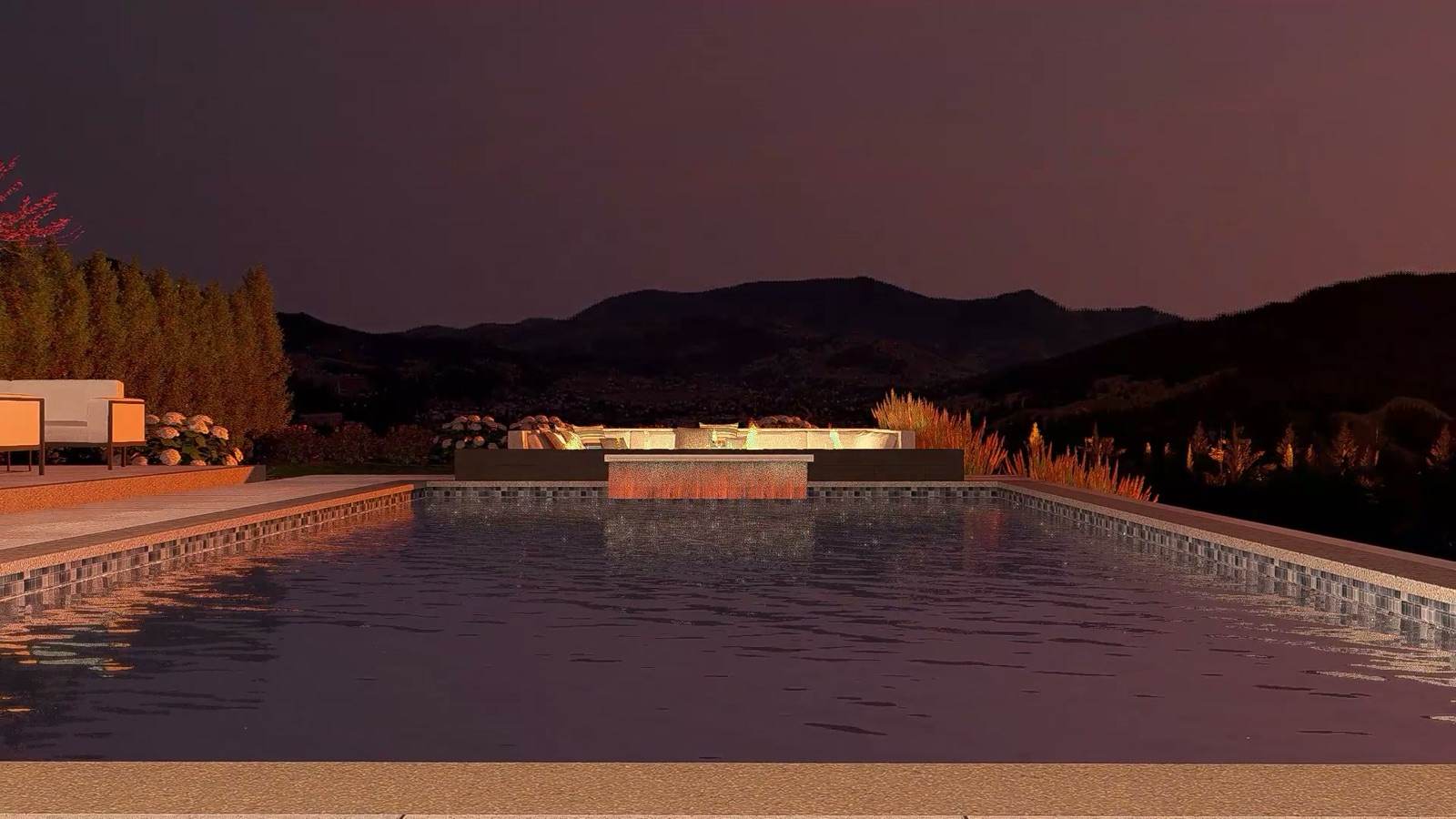 Design render of a pool and terrace at dusk looking over the Okanagan hills