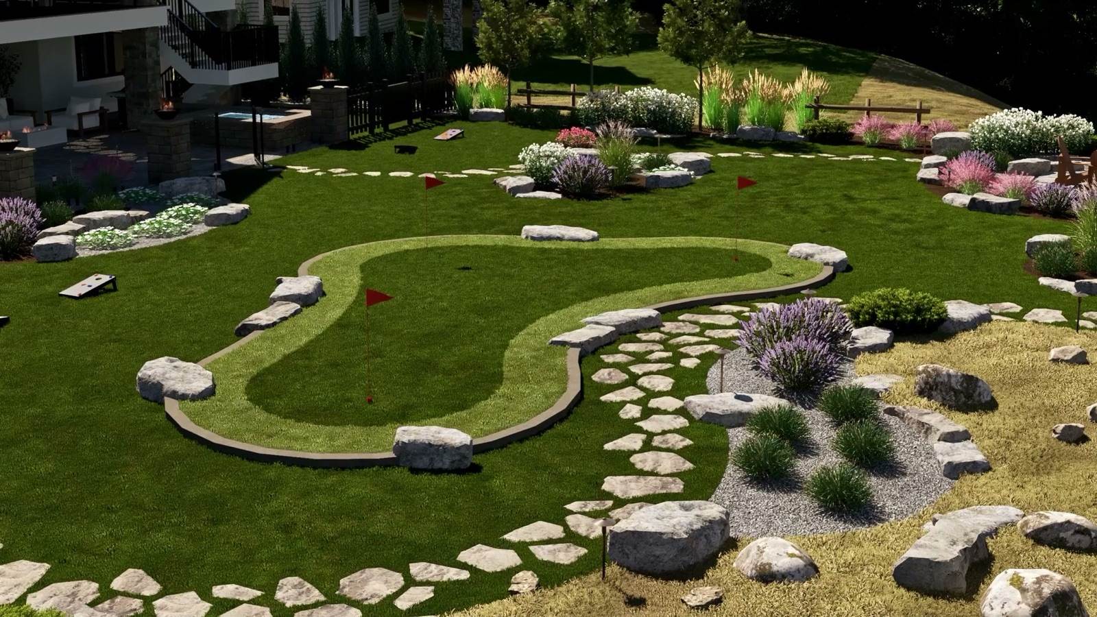 Putting green with boulders and planting beds