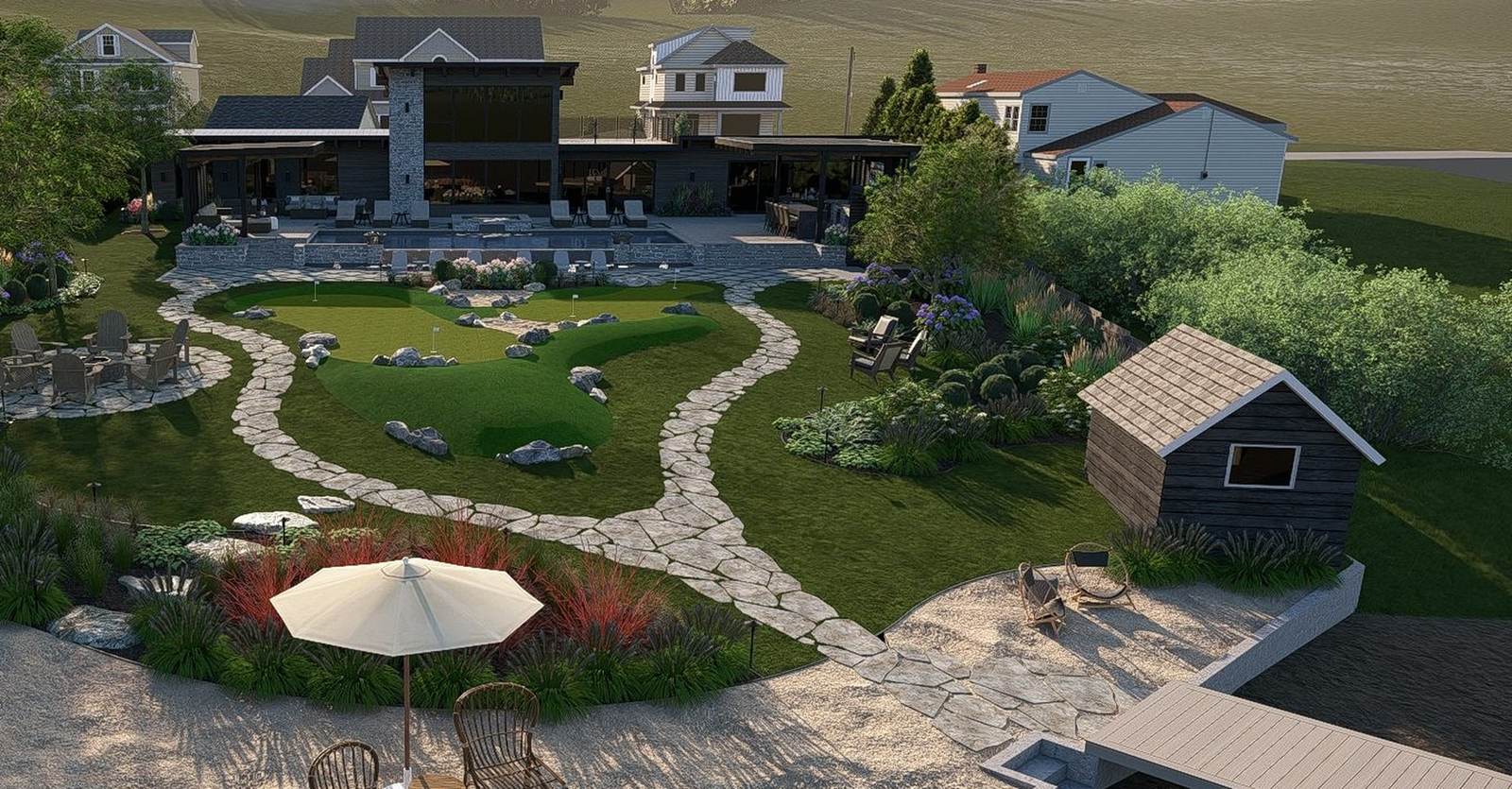 Backyard with a pool, terrace and putting green
